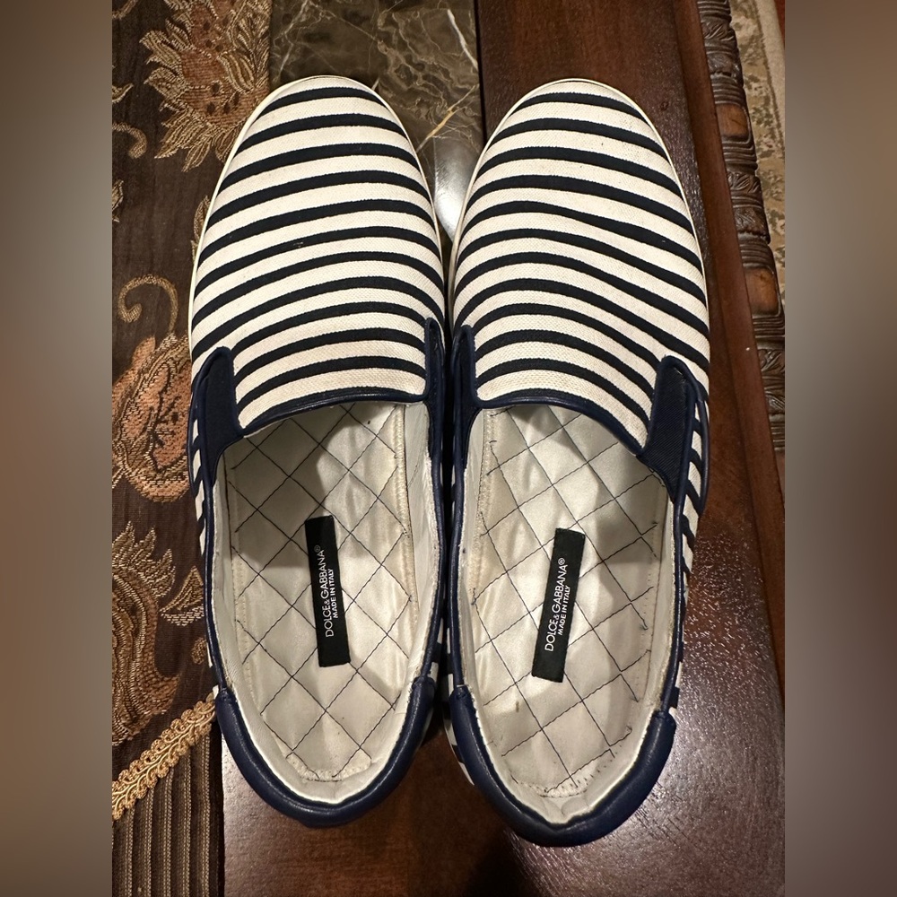 Dolce & Gabbana Navy and White Striped Slip-On Sneakers